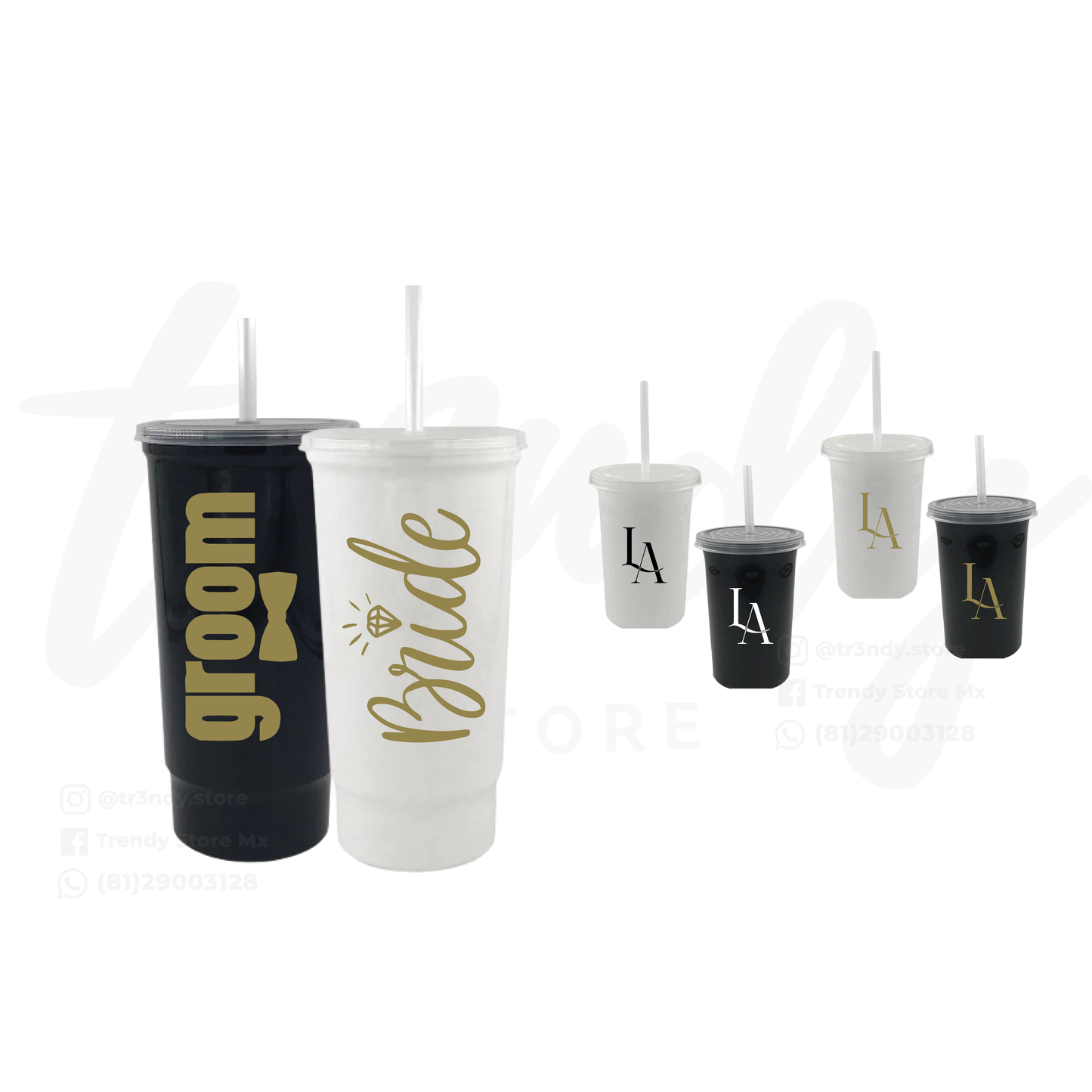 Vasos 16oz popote invitados + vasos de los novios