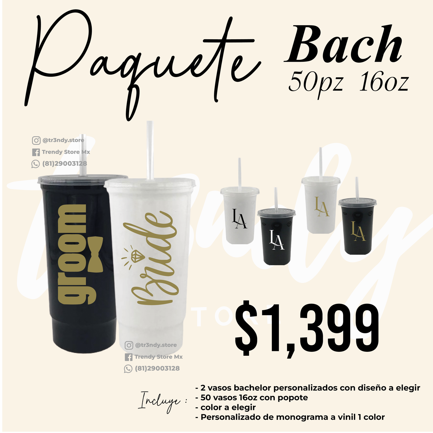 Vasos 16oz popote invitados + vasos de los novios