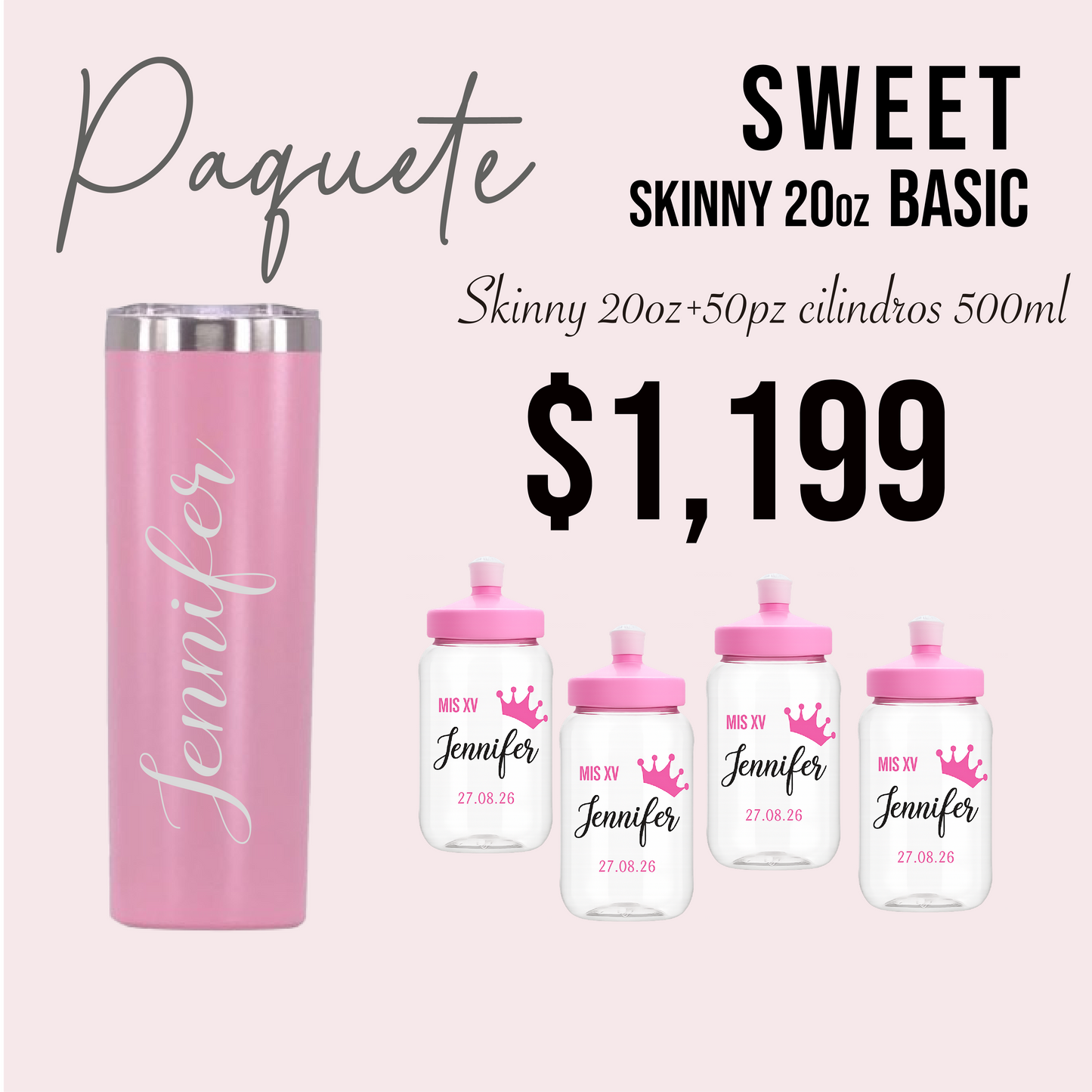 👑 Paquete Princess XV Años | 50 Invitados | Vaso Cilindro 500 ml + Vaso Térmico Skinny 20 oz