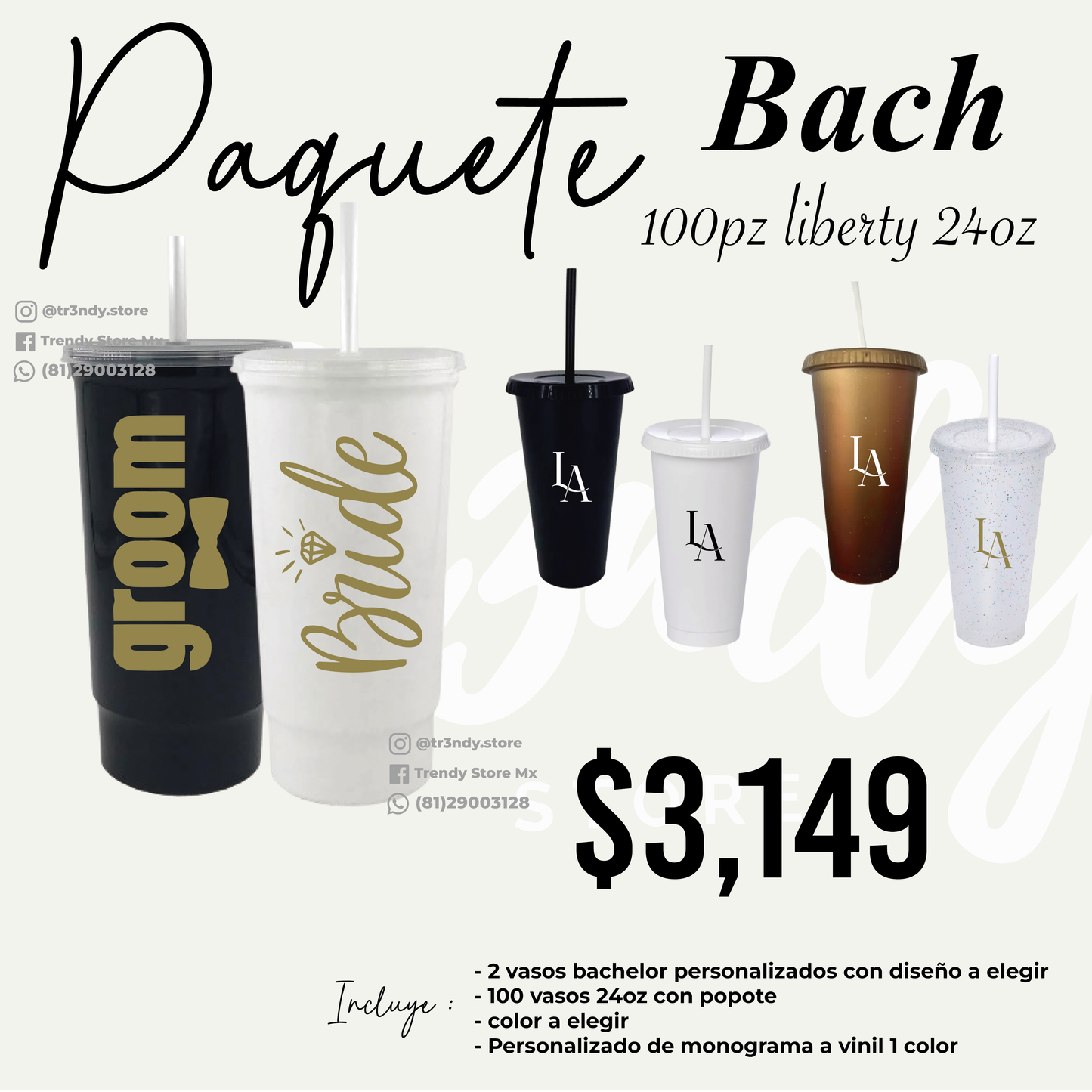 Vasos de invitados 24oz popote + vasos de los novios para 100 invitados