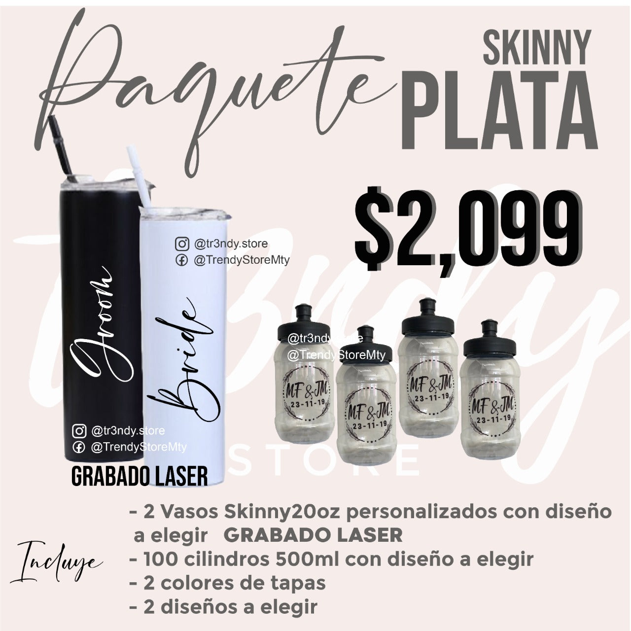 Paquete de boda Skinny Plata 100 invitados + vasos de novios skinny acero