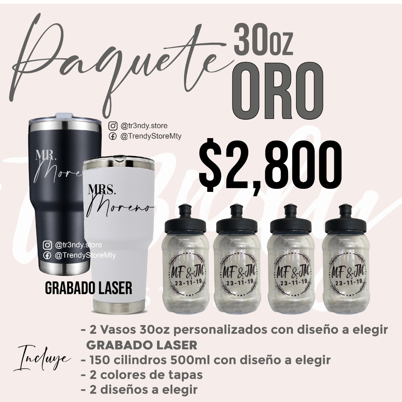Paquete de boda skinny 30oz 150 invitados + vasos de novios