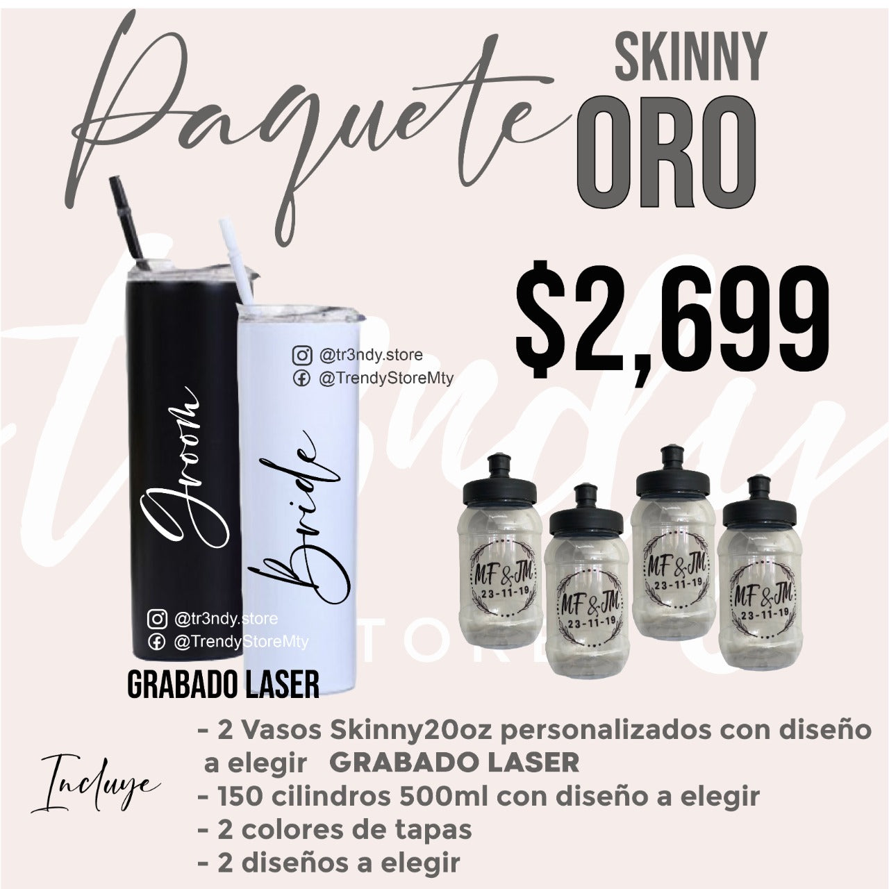 Paquete de boda skinny 20oz 150 invitados + vasos de novios