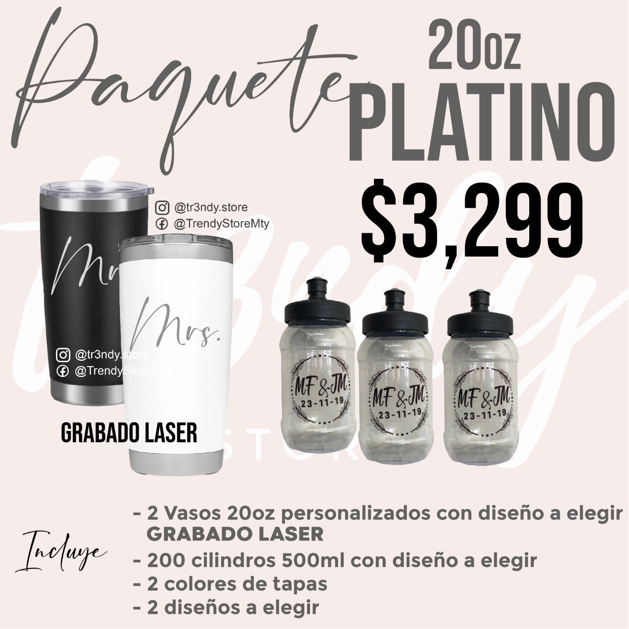 Paquete de boda 20oz oro 200 invitados + vasos de novios