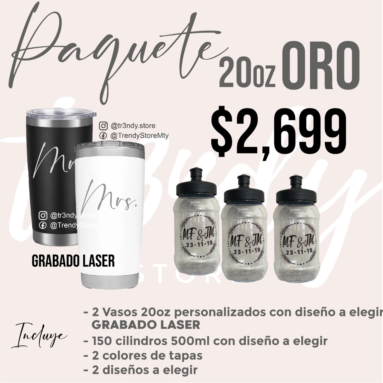 Paquete de boda 20oz oro 150 invitados + vasos de novios
