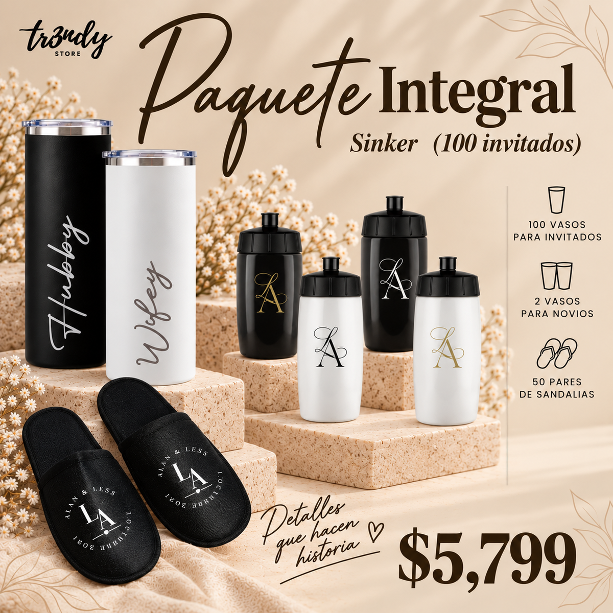 Paquete Integral para Boda | 100 Invitados · Vaso Sinker + Pantunflas