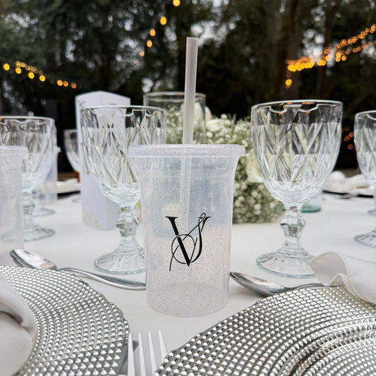 Paquete de Boda para 150 Invitados | 150 Vasos PET 16 oz + 2 Termos de Novios 20 oz Personalizados