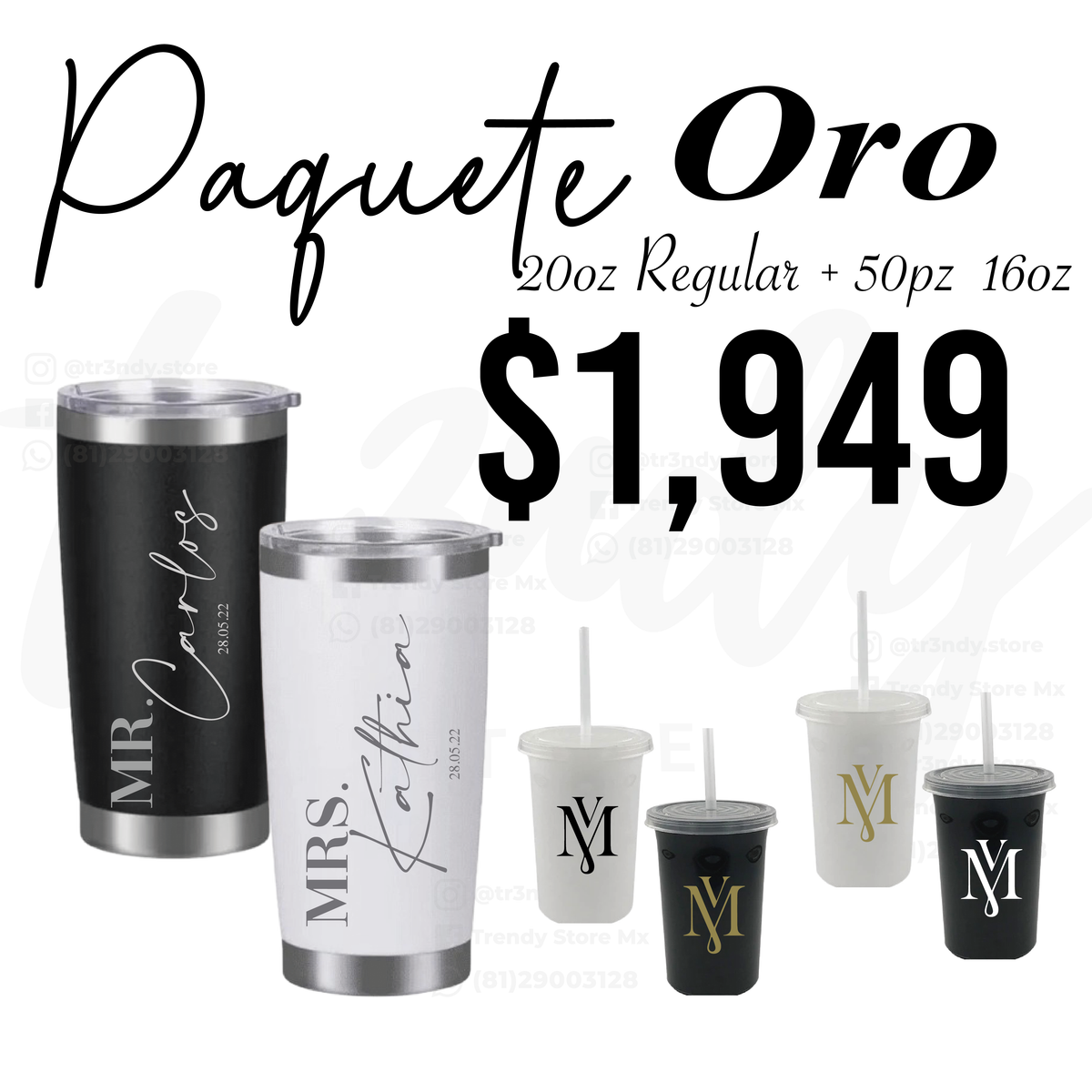 Paquete Boda 50 Invitados Vasos Personalizados 16oz + Regular  20oz Acero Novios