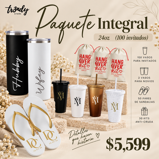 Paquete integral para boda | Vaso liberty 24oz personalizado + Pantunflas o Sandalias personalizadas para 100 invitados