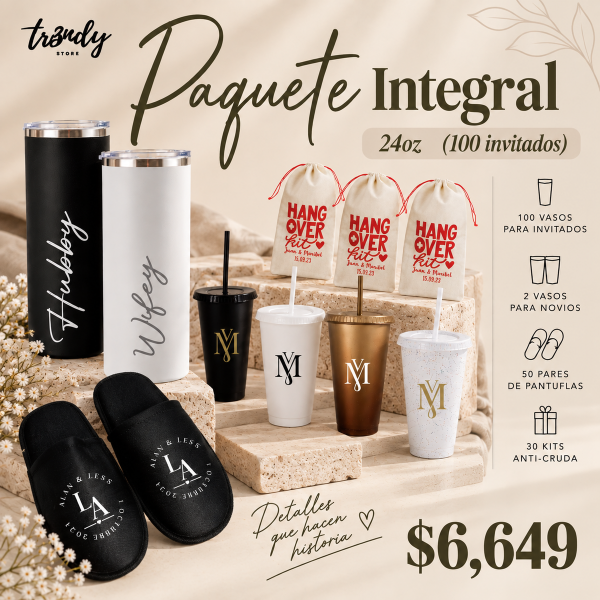 Paquete Integral para Boda | 100 Invitados · Vaso Liberty 24 oz + Pantunflas+ Kit Anti-Cruda (Copia)