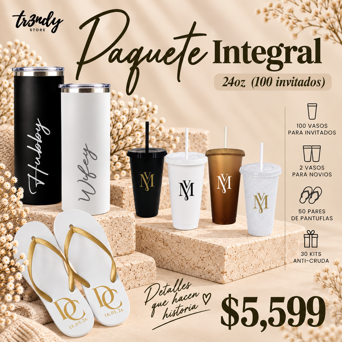 Paquete Integral para Boda | 100 Invitados · Vaso Liberty 24 oz + Sandalias