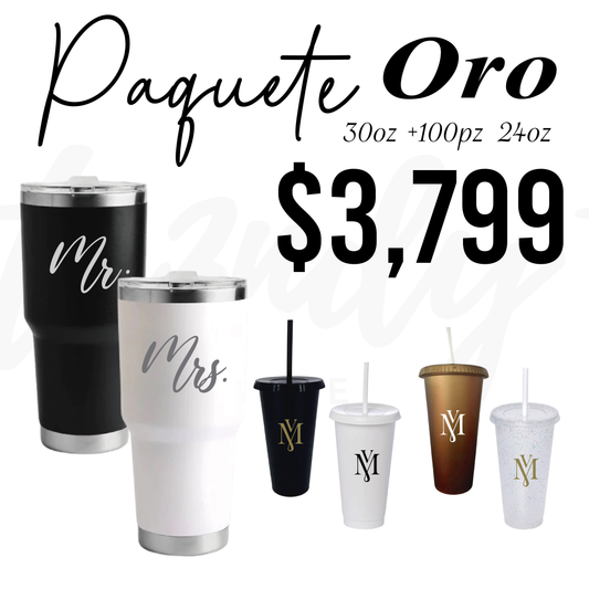 Paquete de Boda 100 Invitados | Vasos 24oz con Popote + Termos de Novios 30oz Acero