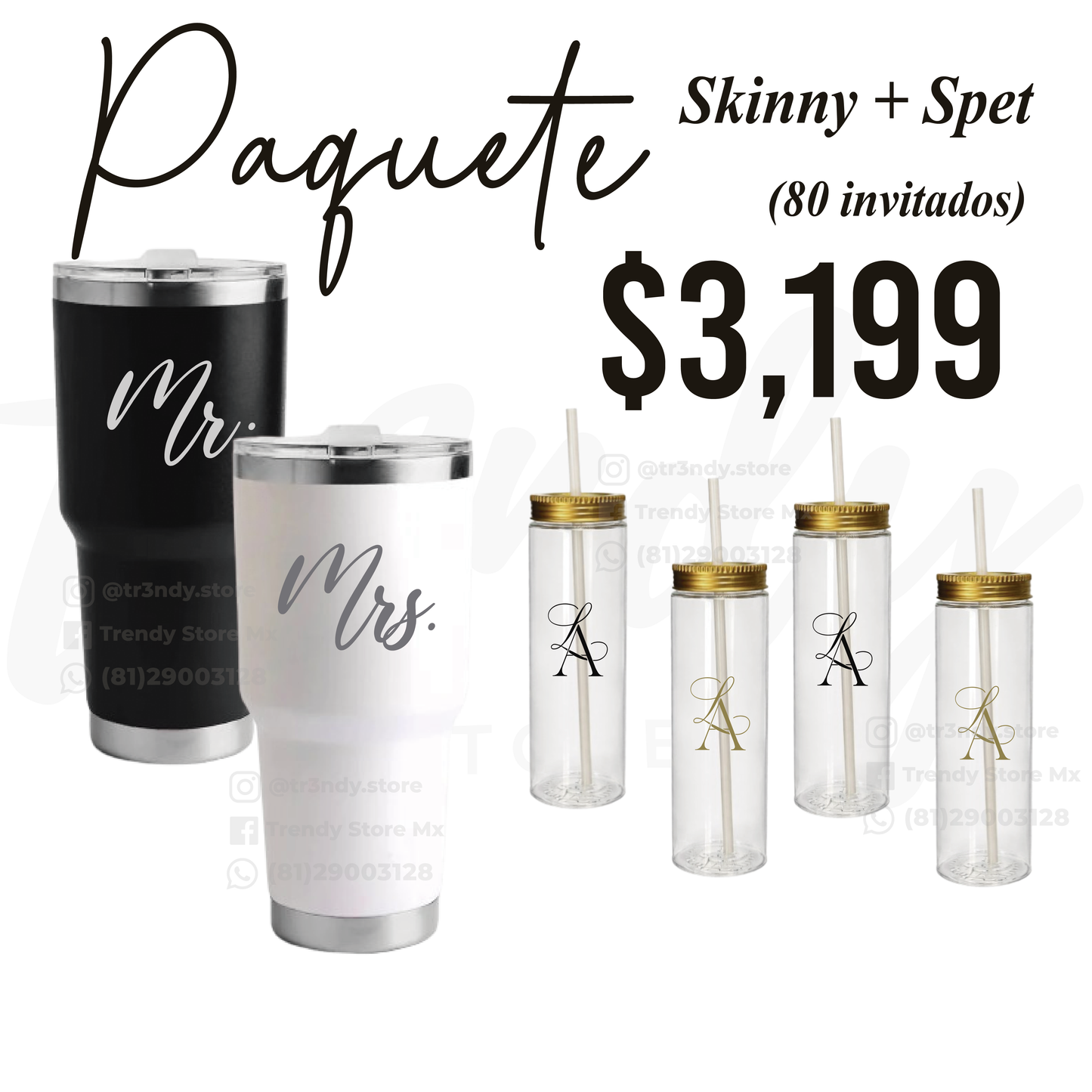 Paquete de Vasos para Boda 80 Invitados | Skinny PET 20oz + Vasos de Novios Acero