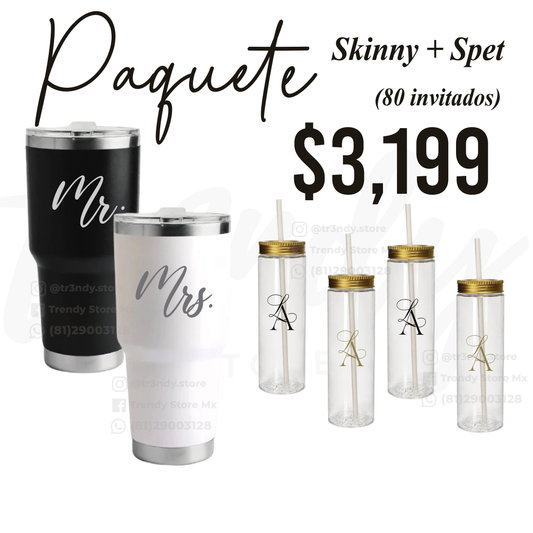 Paquete de Vasos para Boda 80 Invitados | Skinny PET 20oz + Vasos de Novios Acero