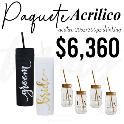 Paquete de Boda 300 Invitados | Vasos drinking 600ml con Popote + Vaso de Novios Skinny 20oz Acrilico