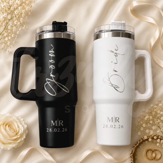 Paquete de Boda 100 Invitados | Vasos 24oz con Popote + Termos de Novios Asa 870ml
