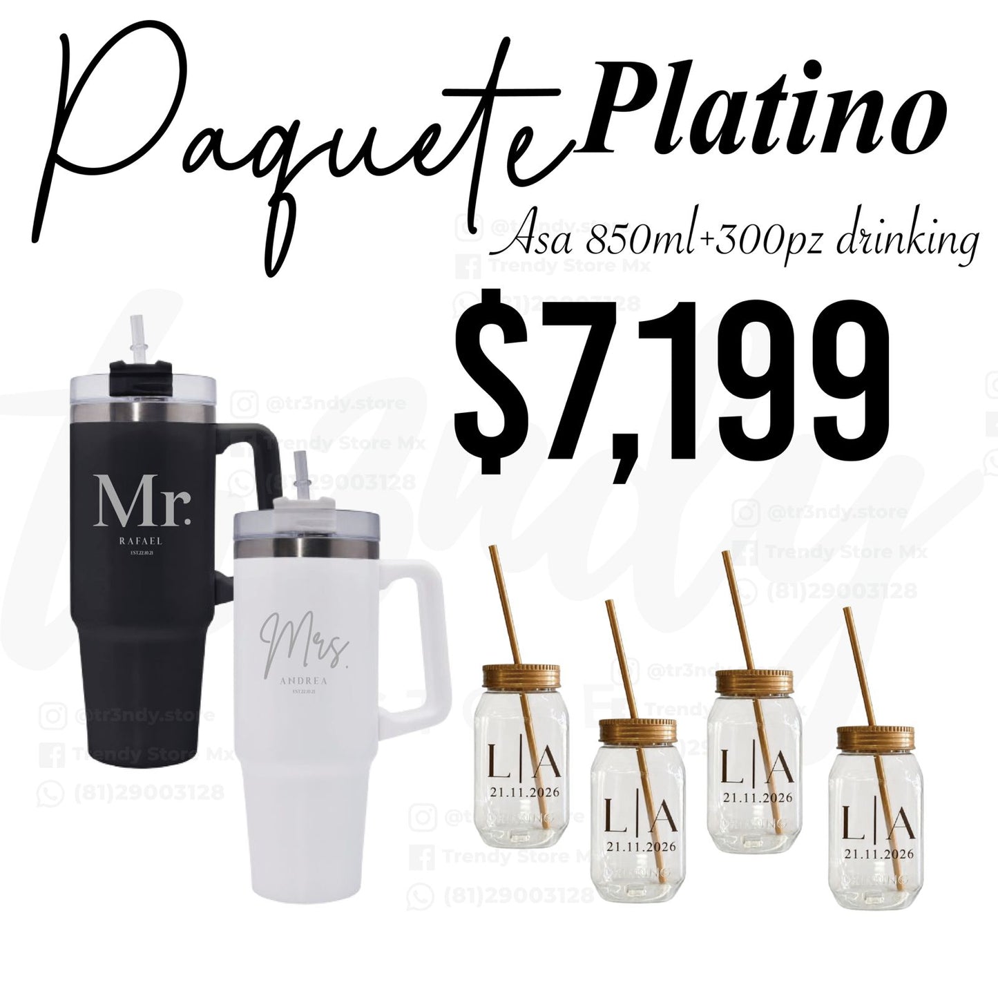 Paquete de Boda 300 Invitados | Vasos drinking 600ml con Popote + Termos de Novios Asa 870ml