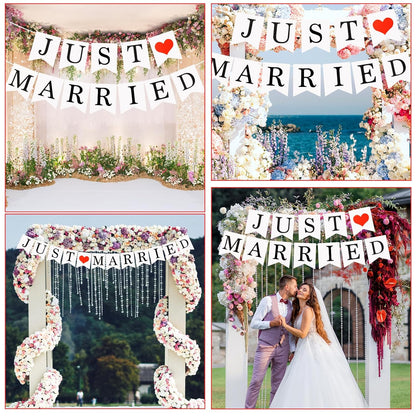 Bandera de boda con texto "Just Married"
