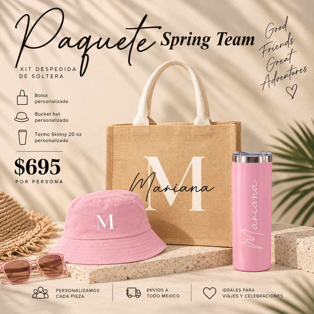 Kit Despedida de Soltera Playa | Bolsa + Bucket Hat + Termo Skinny 20 oz Personalizados · Spring Team
