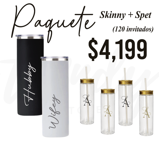 Paquete de Vasos para Boda 120 Invitados | Skinny PET 20oz + Vasos de Novios Acero 20oz Skinny