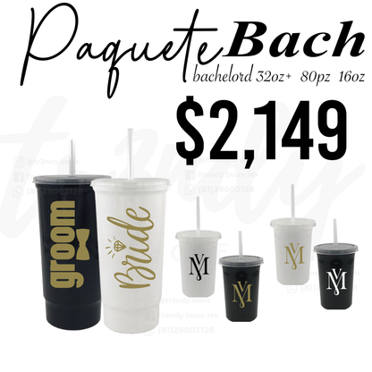 Paquete de boda 80 invitados con vasos 16oz + termos de novios tipo Bachelord