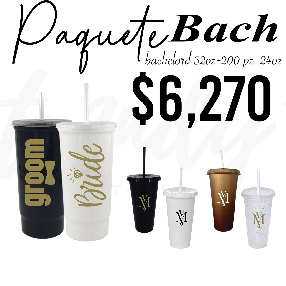 Paquete de Vasos para Boda | 200 Liberty 24oz + 2 Bachelord 32oz