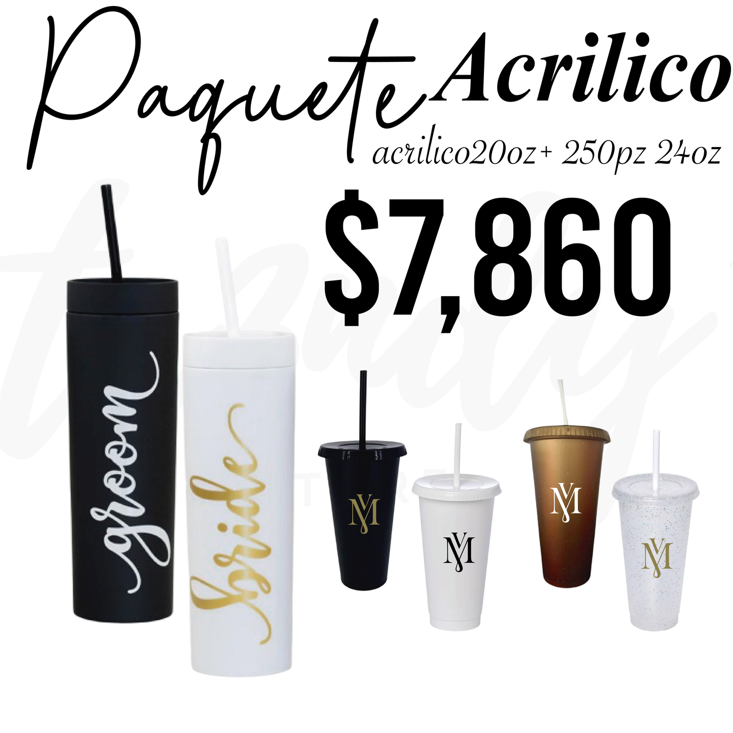 Paquete de Boda 250 Invitados | Vasos 24oz con Popote + Termos de Novios 20oz Skinny Acrilico