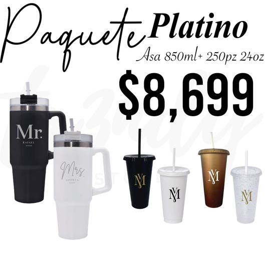Paquete de Boda 250 Invitados | Vasos 24oz con Popote + Termos de Novios Asa 870ml