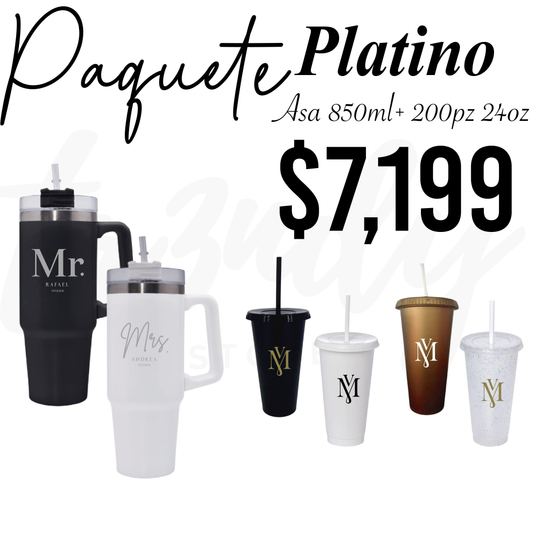 Paquete de Boda 200 Invitados | Vasos 24oz con Popote + Termos de Novios Asa 870ml