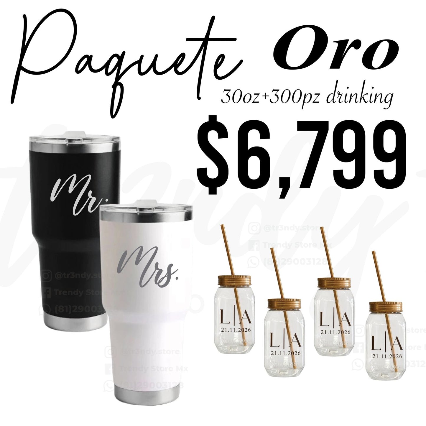 Paquete de Boda 300 Invitados | Vasos drinking 600ml con Popote + Termos de Novios 30oz Acero