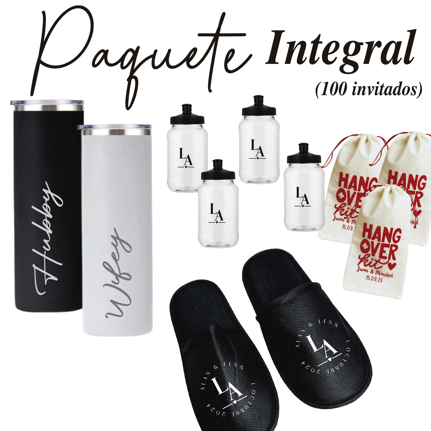 💍 Paquete integral para boda | Vasos, cilindros, pantuflas y kits personalizados