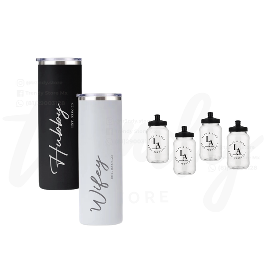 Paquete de boda 100 invitados + vasos de novios skinny 20oz acero grabado láser