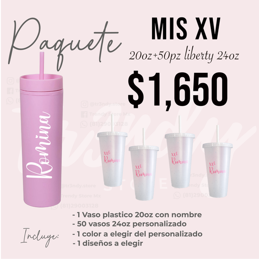 👑 Paquete Mis XV Años | 50 Invitados | Vaso Liberty 24oz + Vaso Plastico skinny 20 oz