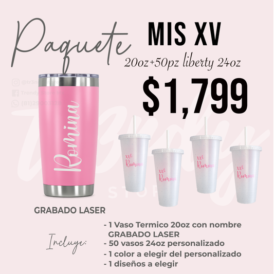 👑 Paquete Mis XV Años | 50 Invitados | Vaso Liberty 24oz + Vaso Térmico 20 oz