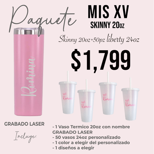 👑 Paquete Mis XV Años | 50 Invitados | Vaso Liberty 24oz + Vaso Térmico skinny 20 oz