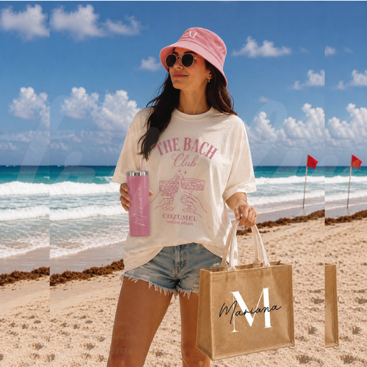 Kit Despedida de Soltera Playa "THE BACH " | Playera, Bucket Hat, Termo y Bolsa Personalizados para Bride Squad