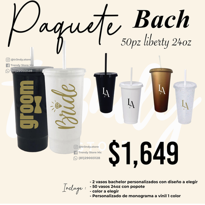 Vasos de invitados 24oz popote + vasos de los novios para 50 invitados