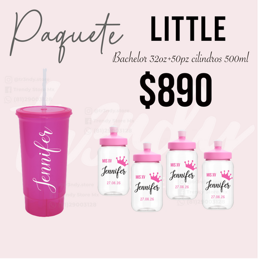 👑 Paquete Princess XV Años | 50 Invitados | Vaso Cilindro 500 ml + Vaso Bachelord  32oz