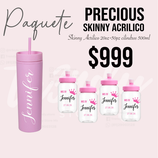 👑 Paquete Princess XV Años | 50 Invitados | Vaso Cilindro 500 ml + Vaso Skinny 20 oz Acrilico