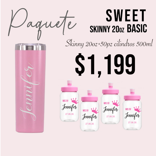 👑 Paquete Princess XV Años | 50 Invitados | Vaso Cilindro 500 ml + Vaso Térmico Skinny 20 oz