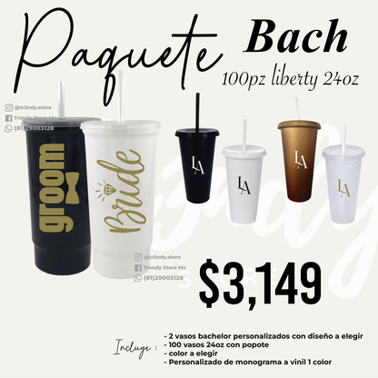 Vasos de invitados 24oz popote + vasos de los novios para 100 invitados