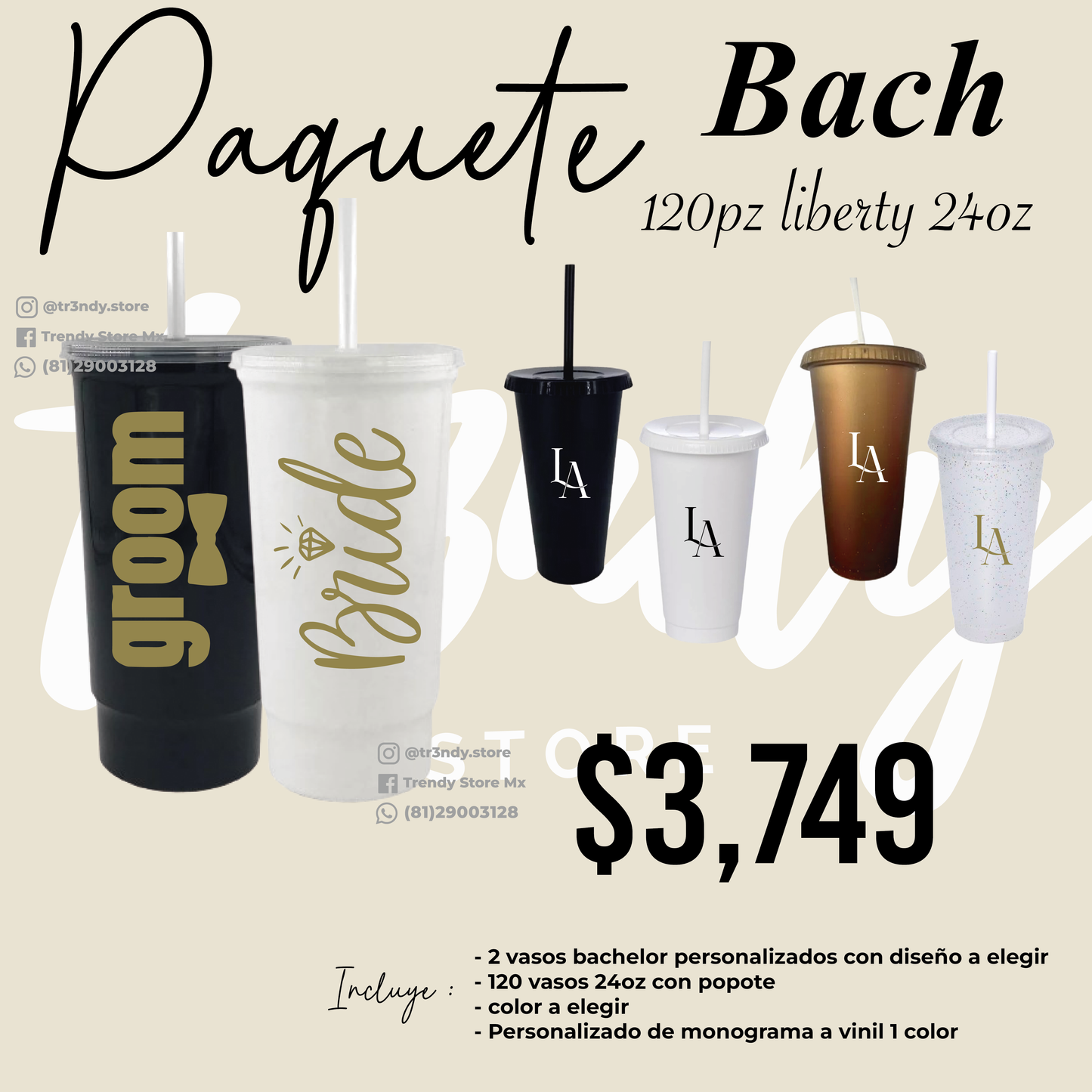 Vasos de invitados 24oz popote + vasos de los novios para 120 invitados