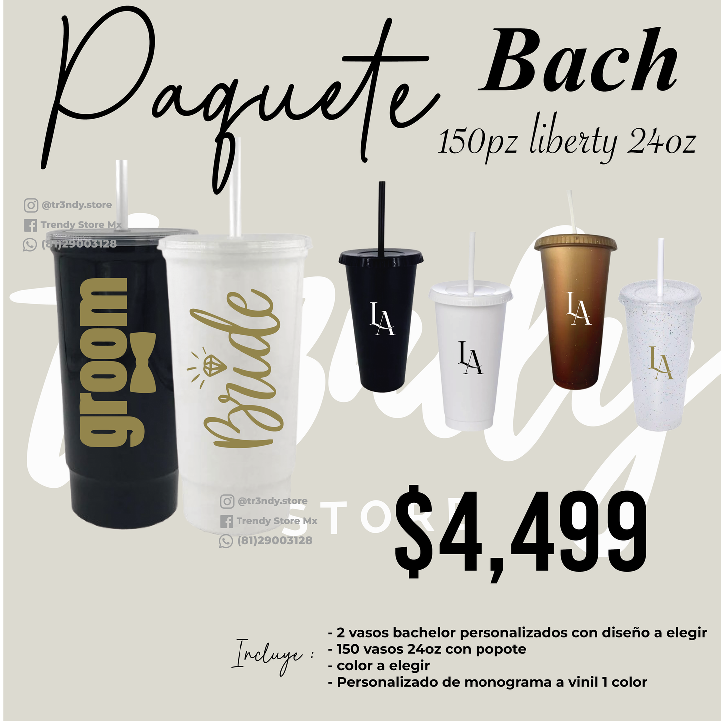 Vasos de invitados 24oz popote + vasos de los novios para 150 invitados