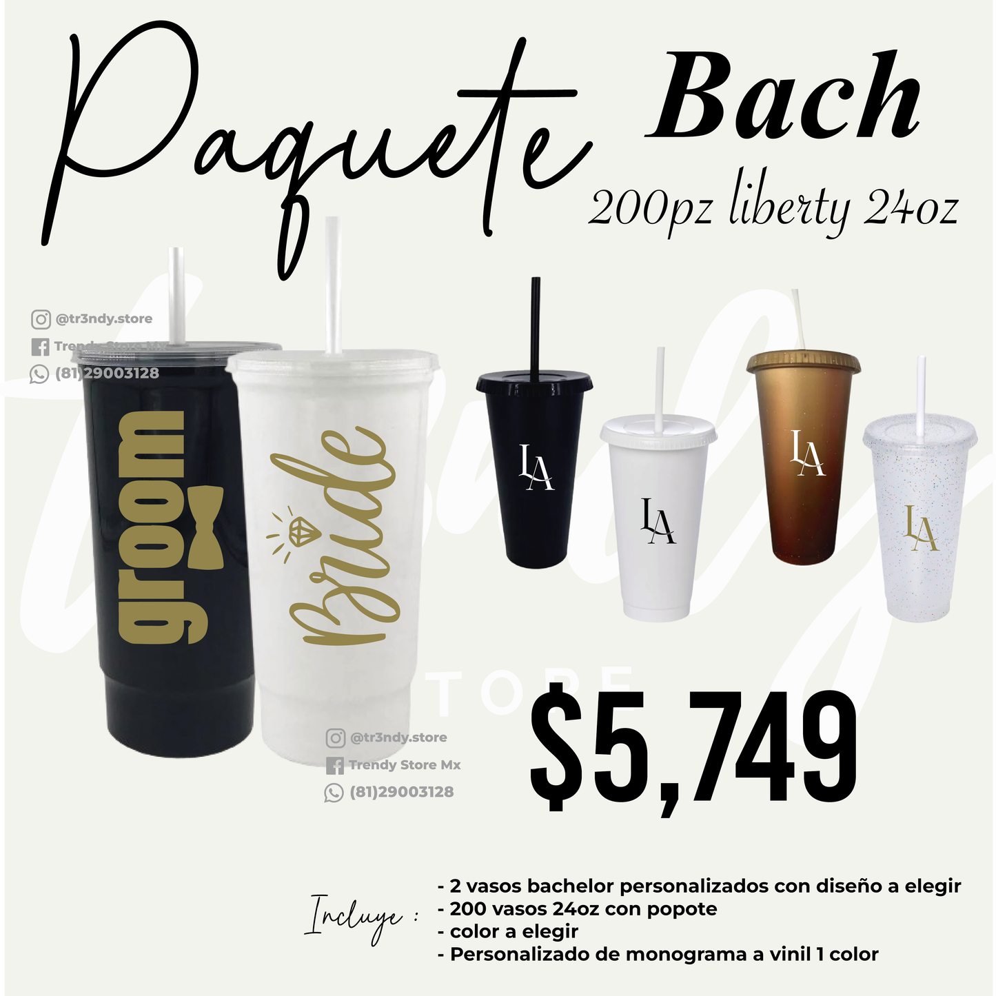 Vasos de invitados 24oz popote + vasos de los novios para 200 invitados