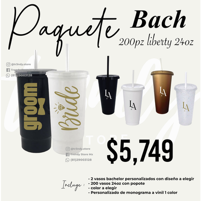 Vasos de invitados 24oz popote + vasos de los novios para 200 invitados