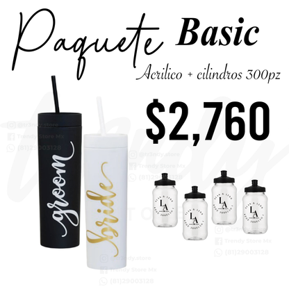 Paquete de boda skinny acrilico 300 invitados + vasos de novios 20oz acrilico