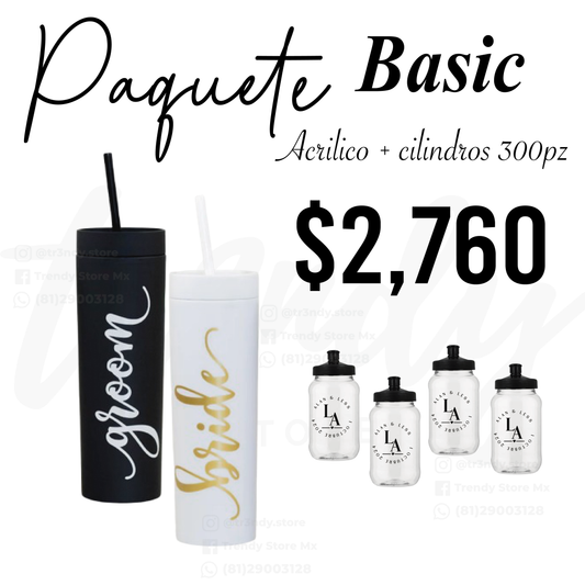 Paquete de boda skinny acrilico 300 invitados + vasos de novios 20oz acrilico