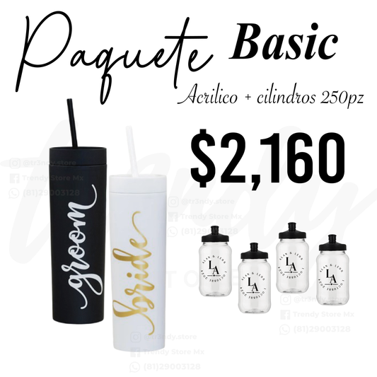 Paquete de boda skinny acrilico 250 invitados + vasos de novios 20oz acrilico