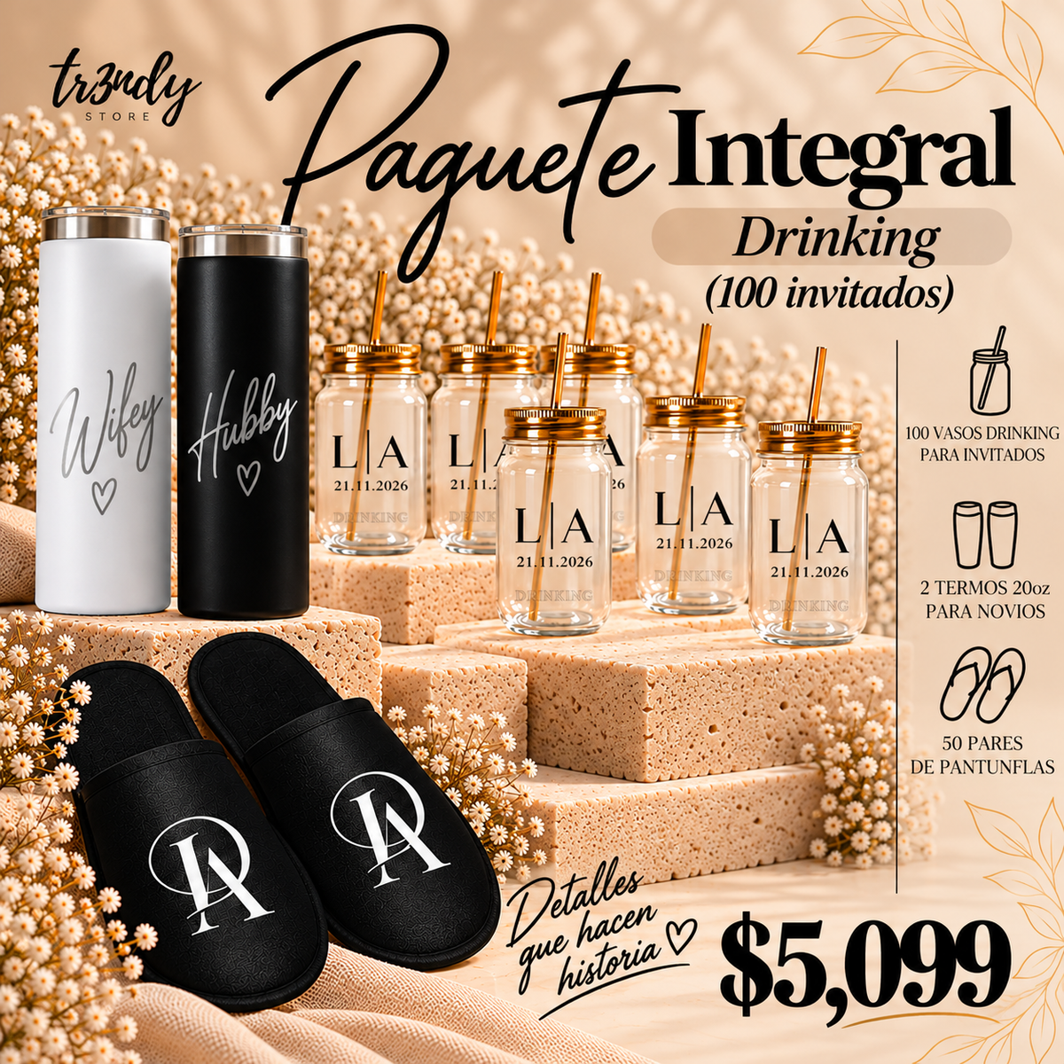 Paquete Integral para Boda | 100 Invitados · Vaso Drinking + Pantunflas