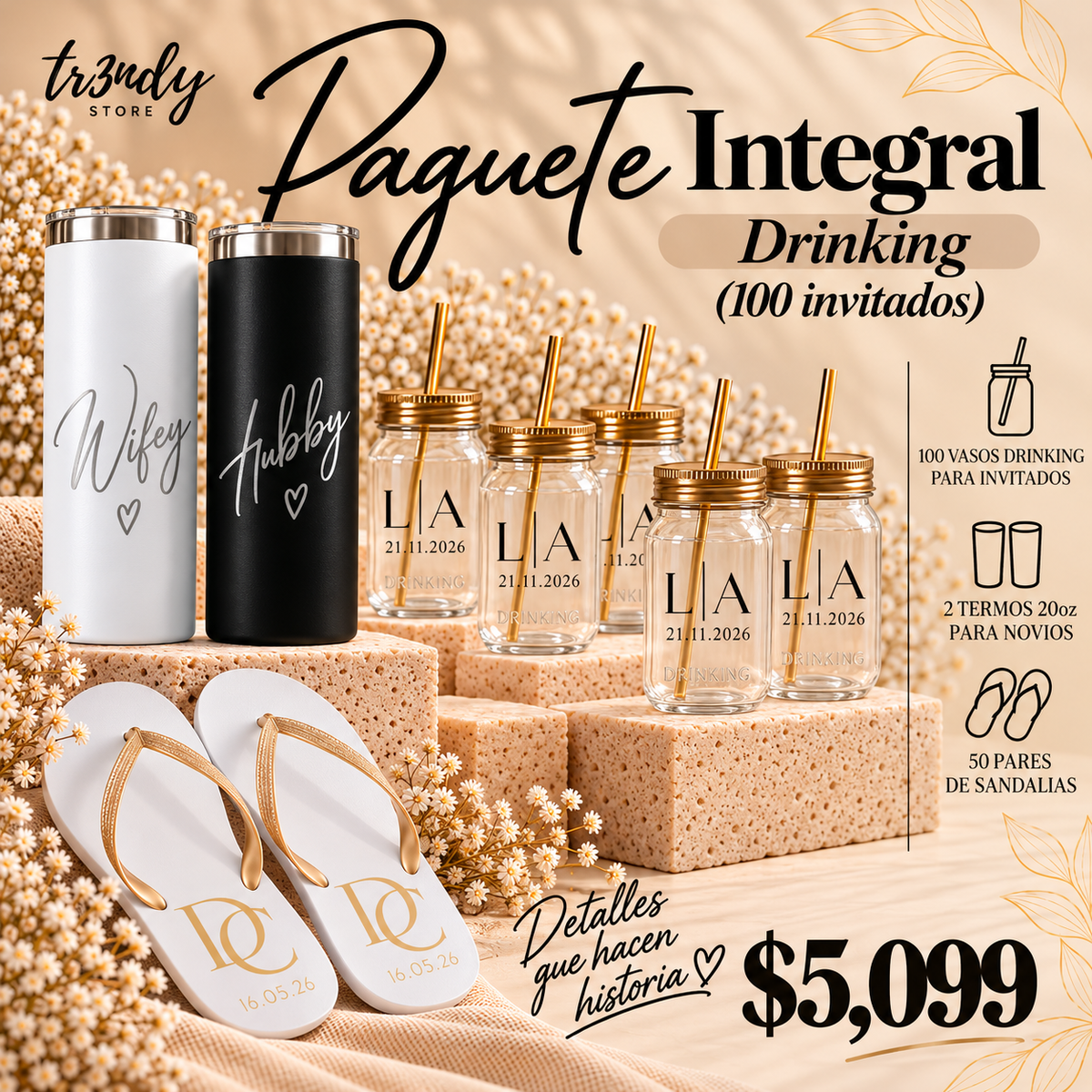 Paquete Integral para Boda | 100 Invitados · Vaso Drinking + Sandalia